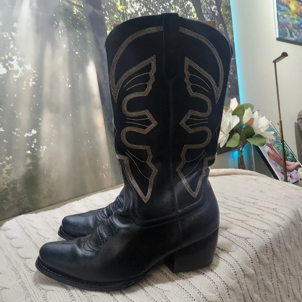 Newport Black Leather Western Boots - Picture 1 of 10